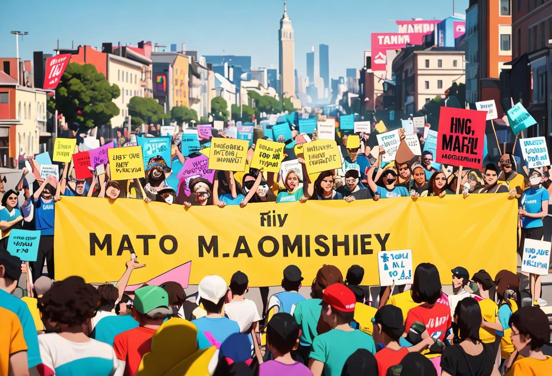 A diverse group of people wearing colorful t-shirts, holding signs with uplifting messages, marching confidently through a cityscape with tall buildings in the background..