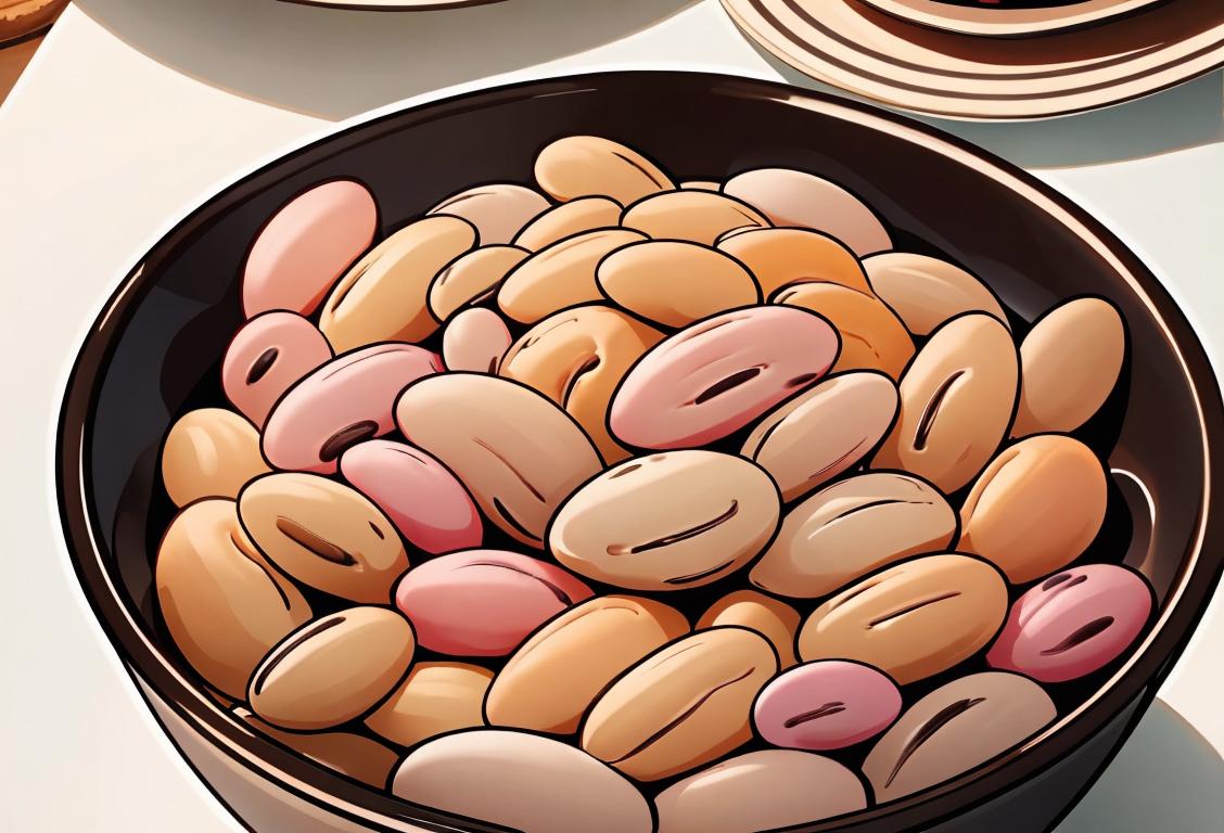 Happy person holding a bowl of assorted beans, wearing a chef hat, bustling kitchen scene..