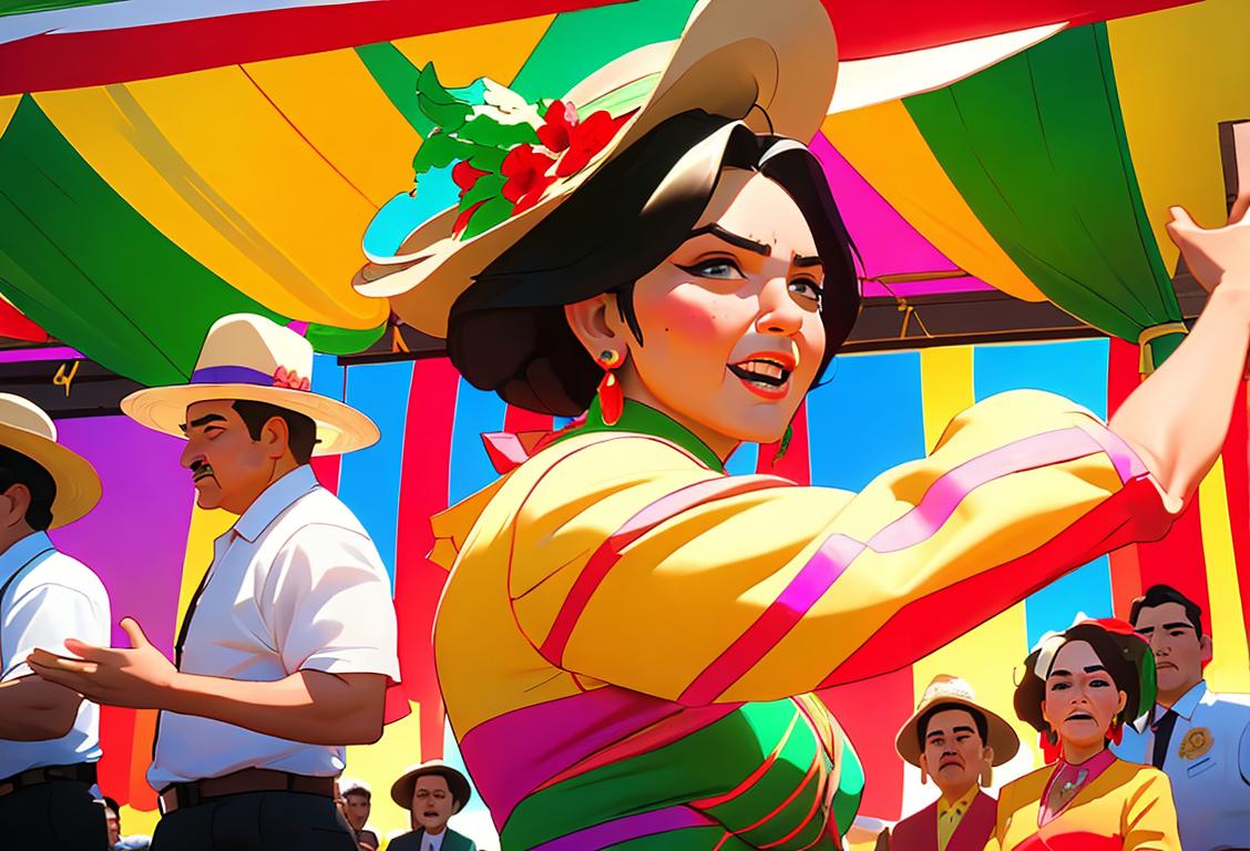 A lively group of people at the National Hispanic Assembly Booth at Cinco de Mayo Phoenix, wearing colorful Mexican attire, celebrating with music, dancing, and delicious Mexican food..