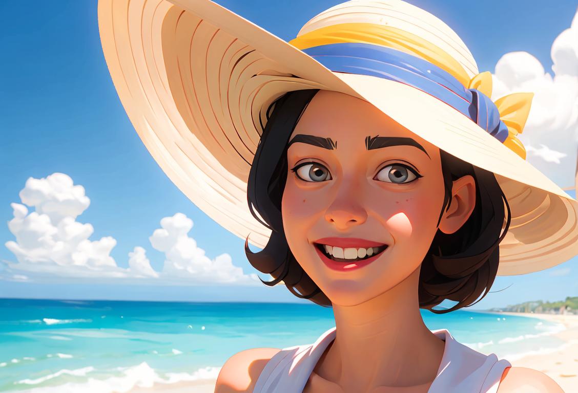 Cheerful person with a cheerful sun hat blocking harmful thoughts on a sunny beach..