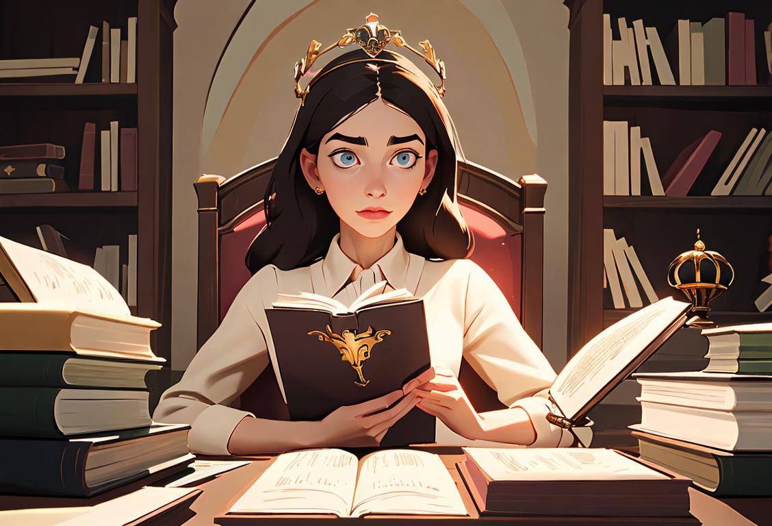 Young woman wearing a crown, surrounded by books, in a cozy library setting, presiding over National Title on Day..