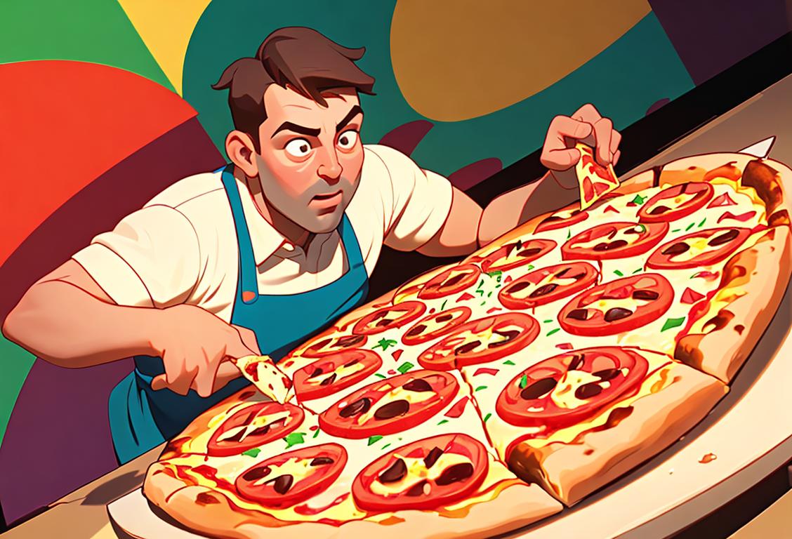 A person holding a triangular slice of pizza, wearing a colorful apron, in a bustling pizzeria surrounded by mouth-watering pizza slices..