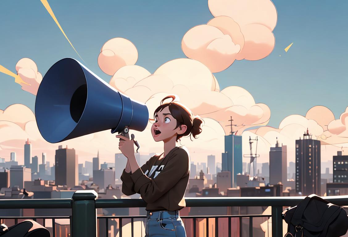 A person bravely stepping forward, holding a megaphone, ready to express their feelings. They are dressed in casual attire, representing everyday people. The background shows a lively cityscape, symbolizing the bustling energy of the internet. The scene is filled with digital speech bubbles, each containing words of encouragement and support. In the distance, a heart-shaped balloon floats, representing the possibilities of love. This image captures the essence of National Shoot Your Shot Day, combining courage, connection, and the vibrant online community..
