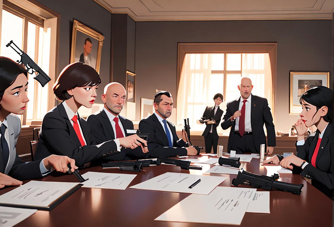 A diverse group of people holding firearms, wearing professional attire, in a legal seminar setting..