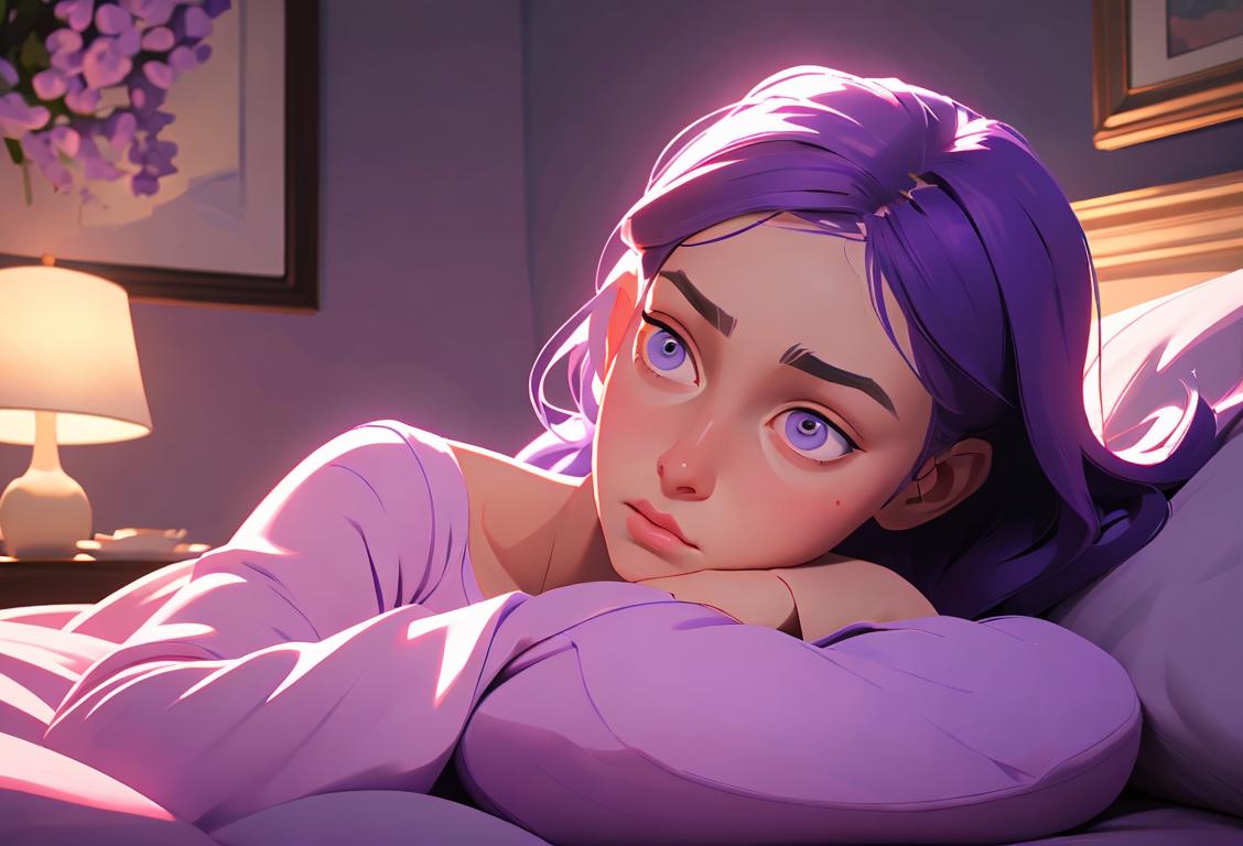 Young woman taking a deep breath, wearing cozy pajamas, surrounded by calming lavender, soft lighting..