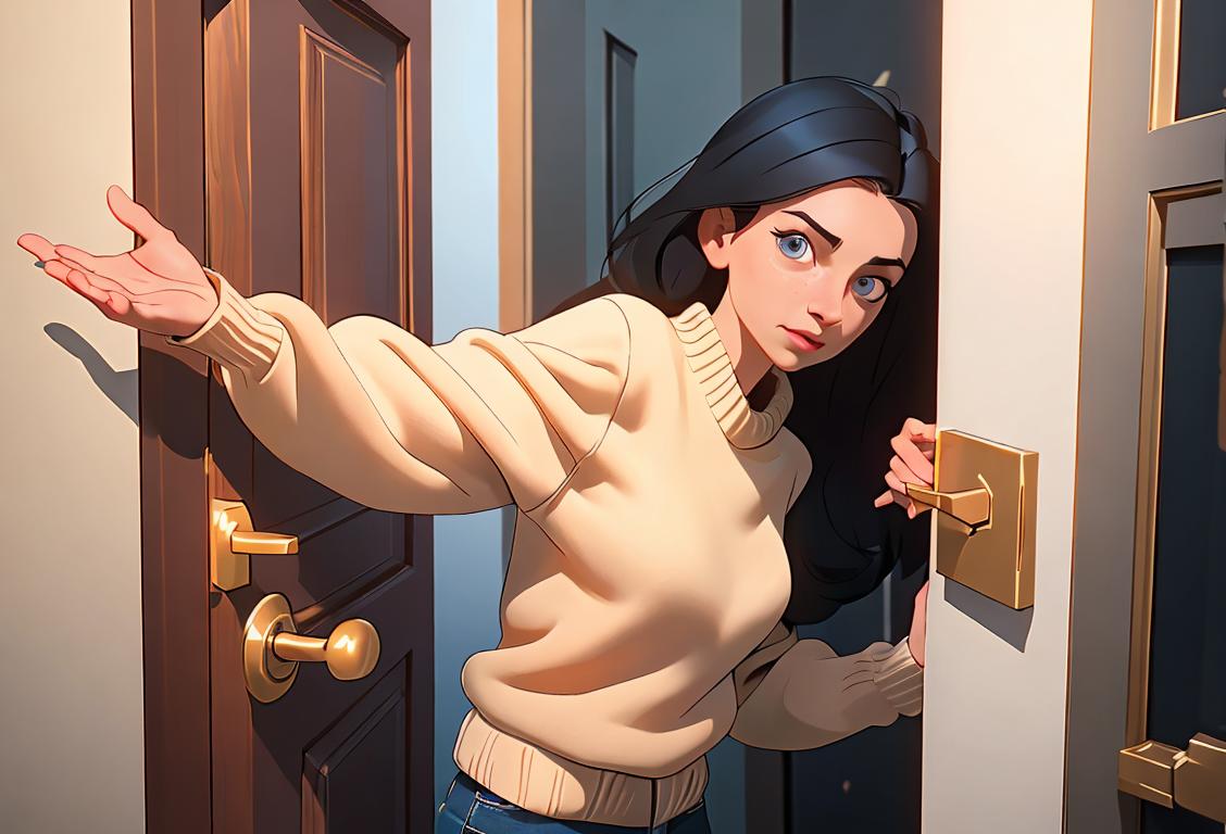 A kind person holding the door for others, wearing a cozy sweater, with a picturesque park scene in the background..