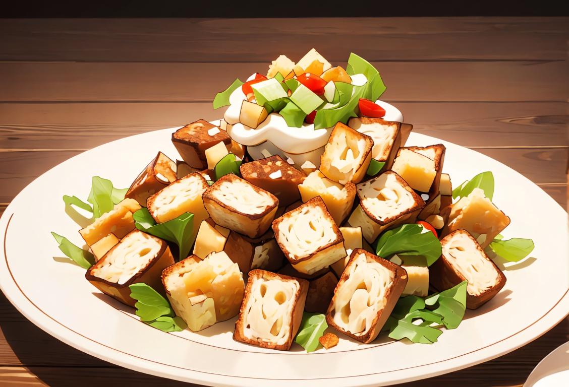 Plate of croutons with various toppings, rustic wooden background, chef's hat, food preparation scene..