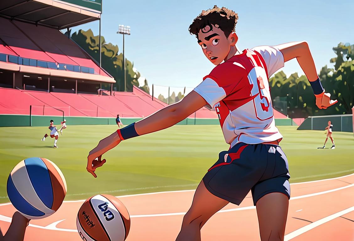 Young man playing multiple sports, wearing a jersey, athletic shorts and sneakers, diverse sports environment, showcasing National Championships in One Day!.