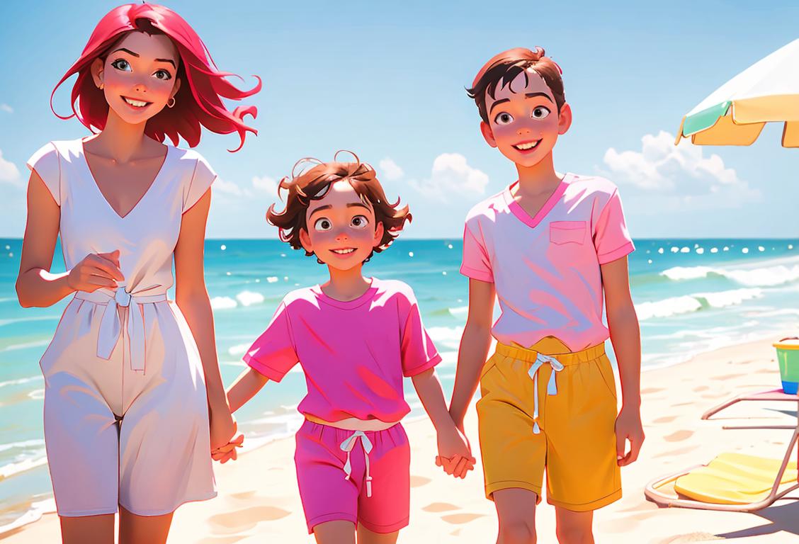 Cheerful family enjoying a day at the beach, wearing bright summer outfits, with a famous New Jersey boardwalk in the background..