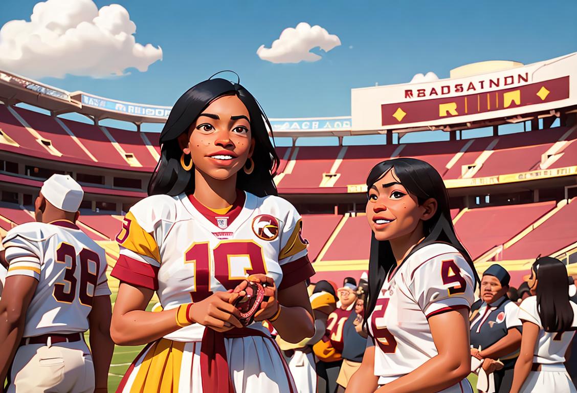 A diverse group of people dressed in redskins attire, celebrating with enthusiasm and a sense of unity, in an outdoor sports stadium..