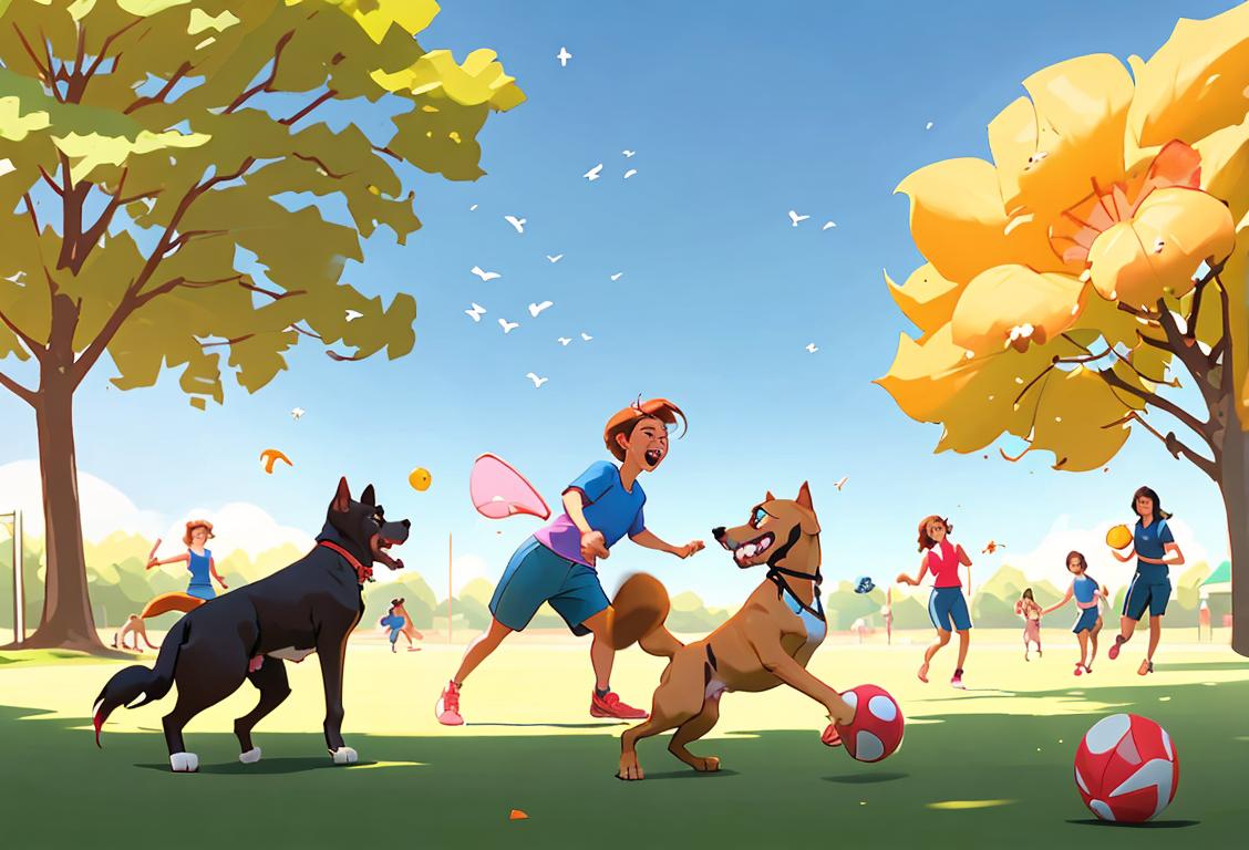 Happy dog playing frisbee with a group of diverse friends, sunny park scene, vibrant summer clothing, joyful atmosphere..