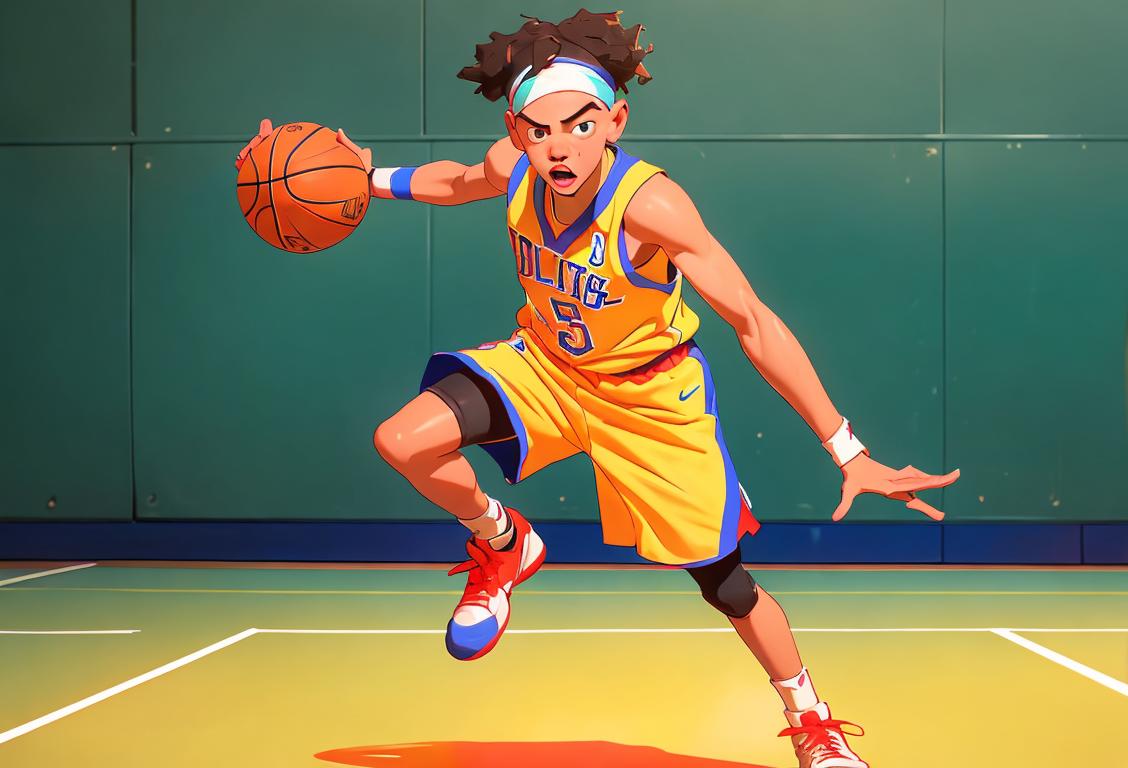 A young basketball player, wearing a colorful jersey, sneakers, and a headband, dribbling a basketball on a vibrant basketball court with cheering fans in the background..