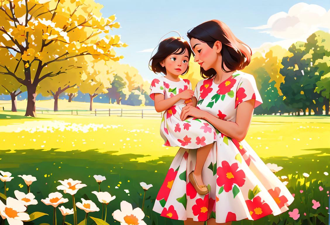 A heartwarming image of a mother and child embracing in a beautiful nature setting, with blooming flowers and a sunny sky. Mother wearing a floral dress, child wearing a cute outfit..