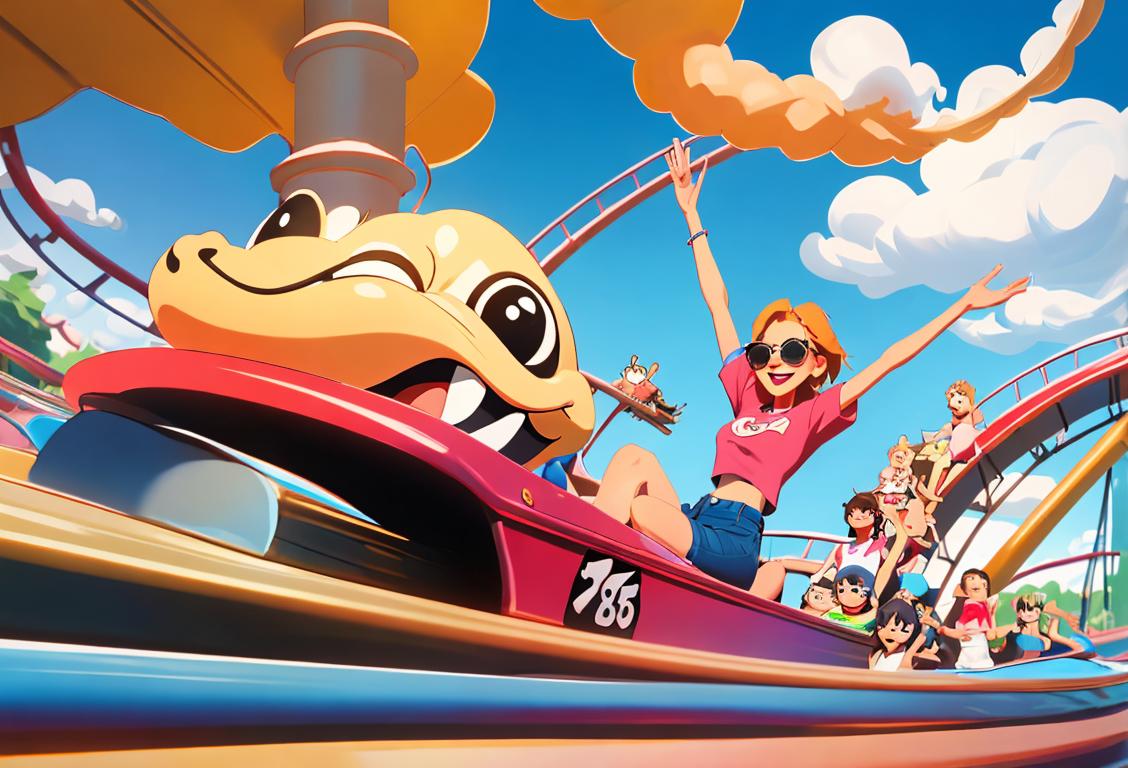 Thrilled couple with arms up, racing down a rollercoaster, exciting theme park atmosphere, summer fashion with sunglasses and T-shirts..