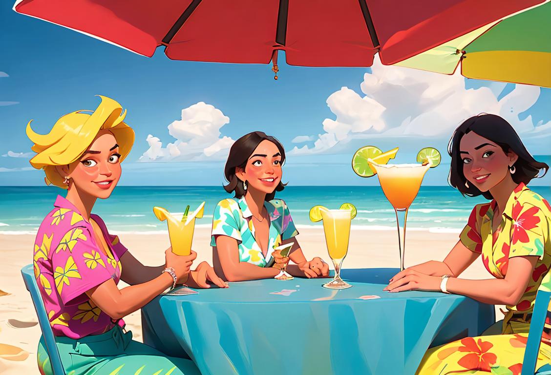 A cheerful group of friends clinking margarita glasses on a sunny beach, wearing tropical print shirts, beach fashion, vibrant seaside setting..