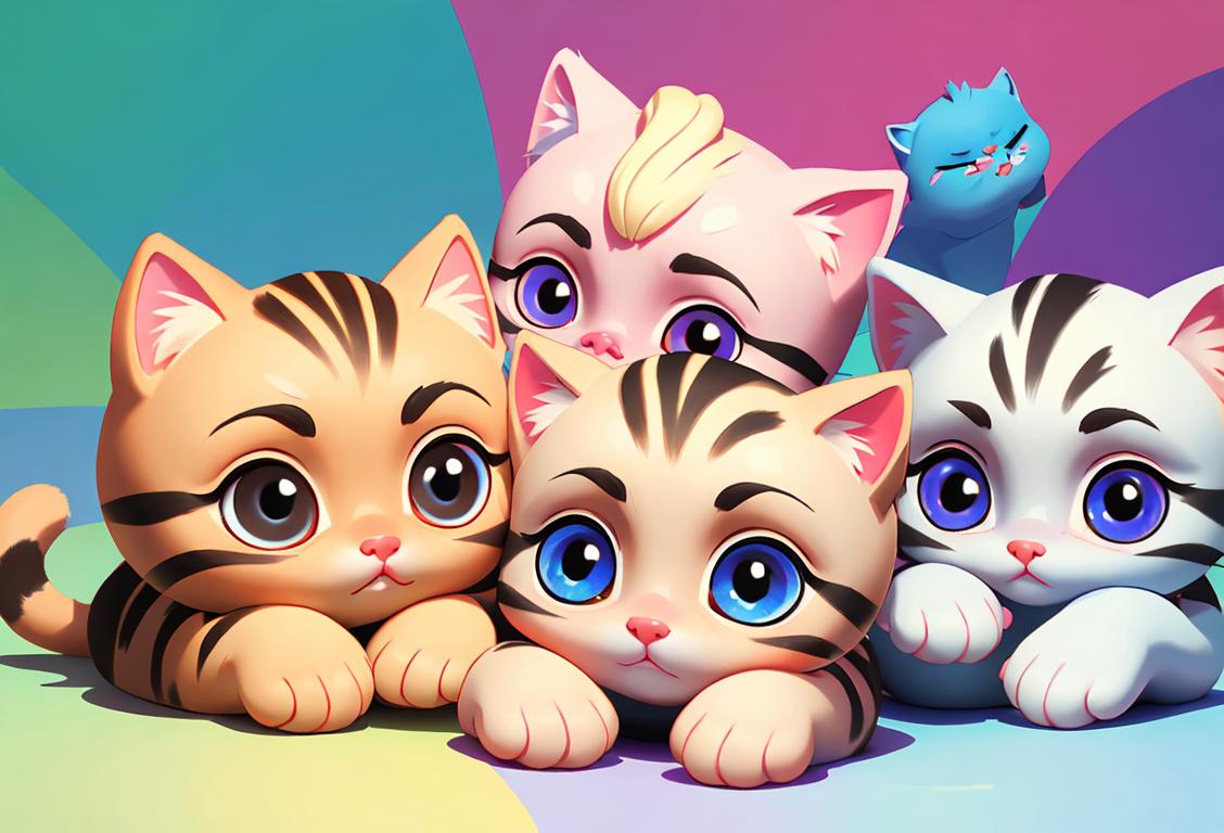 A group of adorable kittens with various expressions, wearing a variety of cute accessories, in a colorful and playful setting..