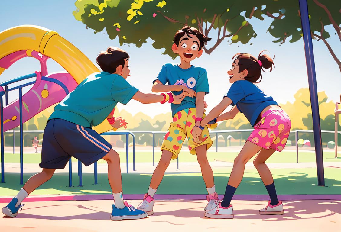 A group of friends playfully tugging each other's waistbands, showcasing a playful and lighthearted atmosphere. Their attire includes colorful, patterned boxers and comfy sneakers, creating a casual style. The setting is a sunny park with a playground in the background, emphasizing the schoolyard antics and laughter-filled moments. The image captures the essence of National Wedgie Day, celebrating humor and camaraderie with a touch of mischievous fun..