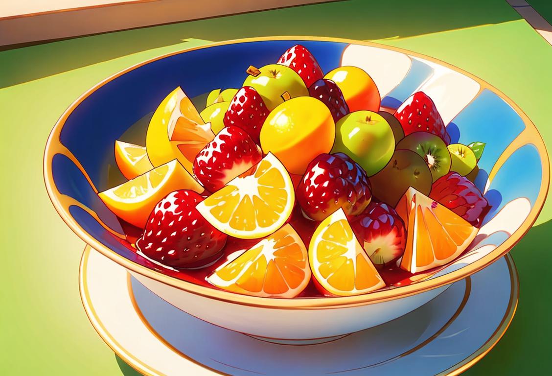 A colorful bowl filled with a variety of sliced fruits, surrounded by a sunny garden backdrop..