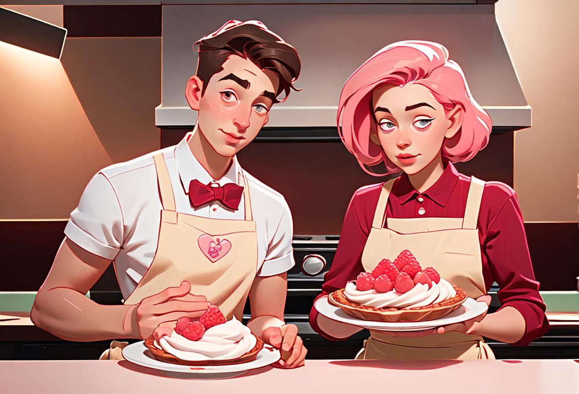 Young couple, wearing matching aprons, baking a raspberry cream pie together in a cozy kitchen, surrounded by decadent dessert ingredients..