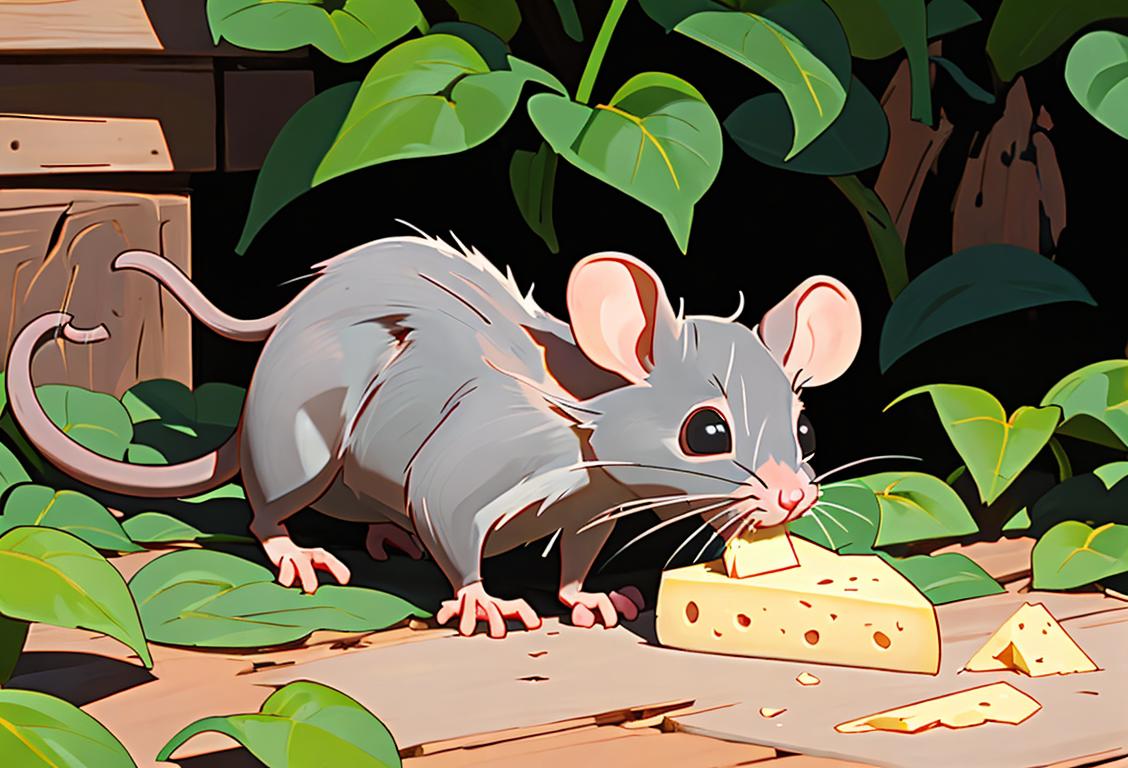 Cute baby rat nibbling on a piece of cheese in a cozy, rustic backyard garden..