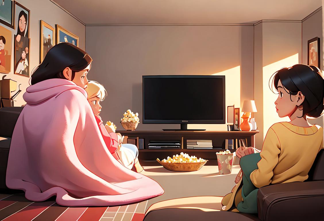 Family watching television together, cozy living room, popcorn and blankets, diverse ages and fashion styles..