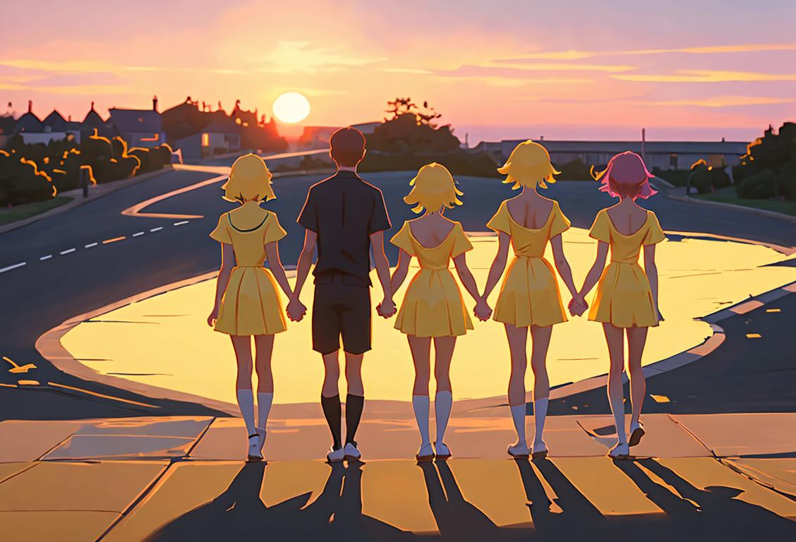 A diverse group of people holding hands and standing together, wearing yellow ribbons, with a beautiful sunset in the background..