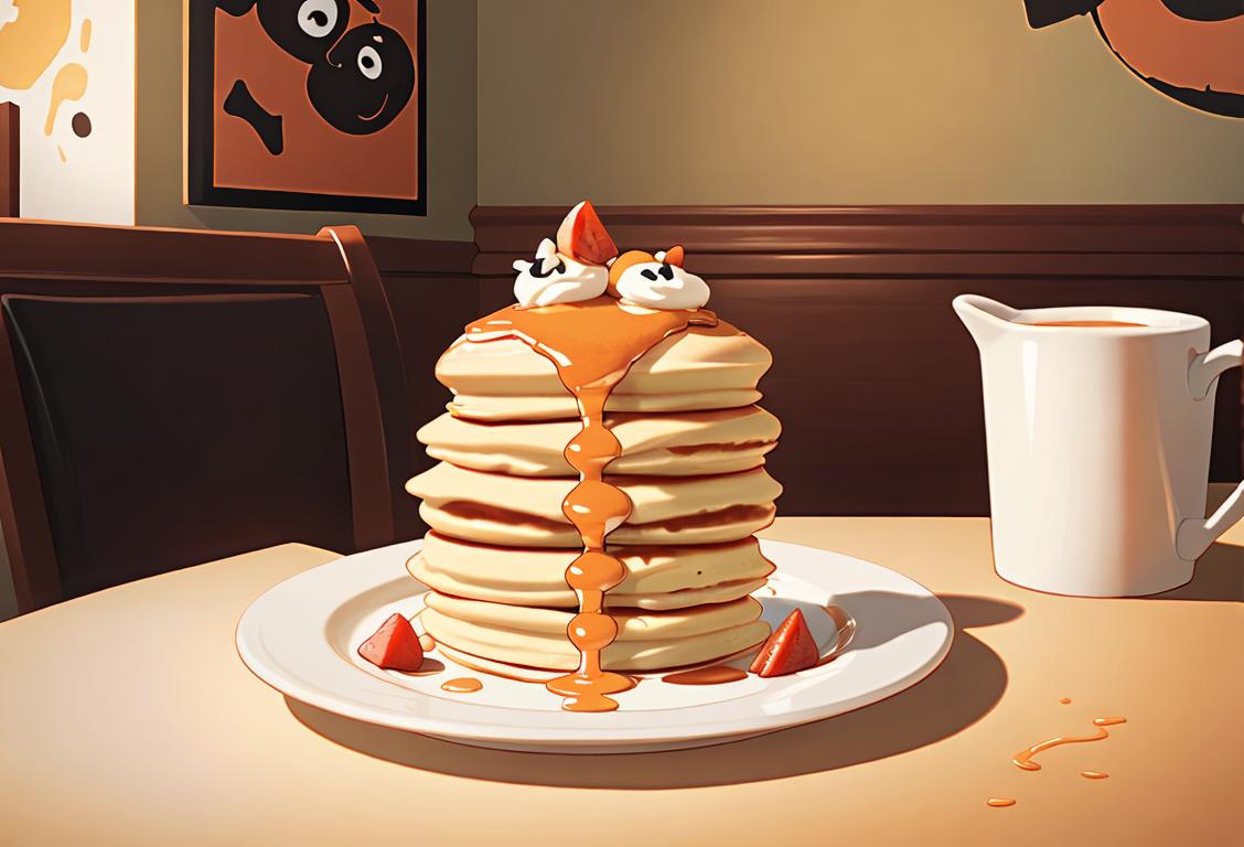 Cheerful diner enjoying a stack of fluffy IHOP pancakes, surrounded by cozy, retro decor and friends..