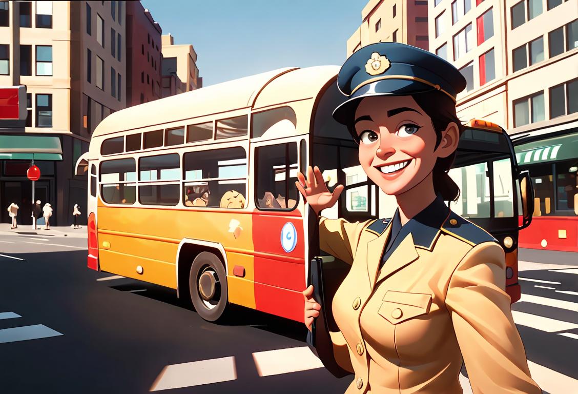 A friendly bus driver in a crisp uniform, smiling and waving, surrounded by a bustling city street scene..