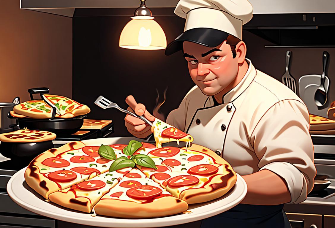 A chef's hat-wearing person holding a pizza pancake with extra cheesy goodness, amidst a cozy kitchen filled with cooking utensils and a warm, inviting ambiance..