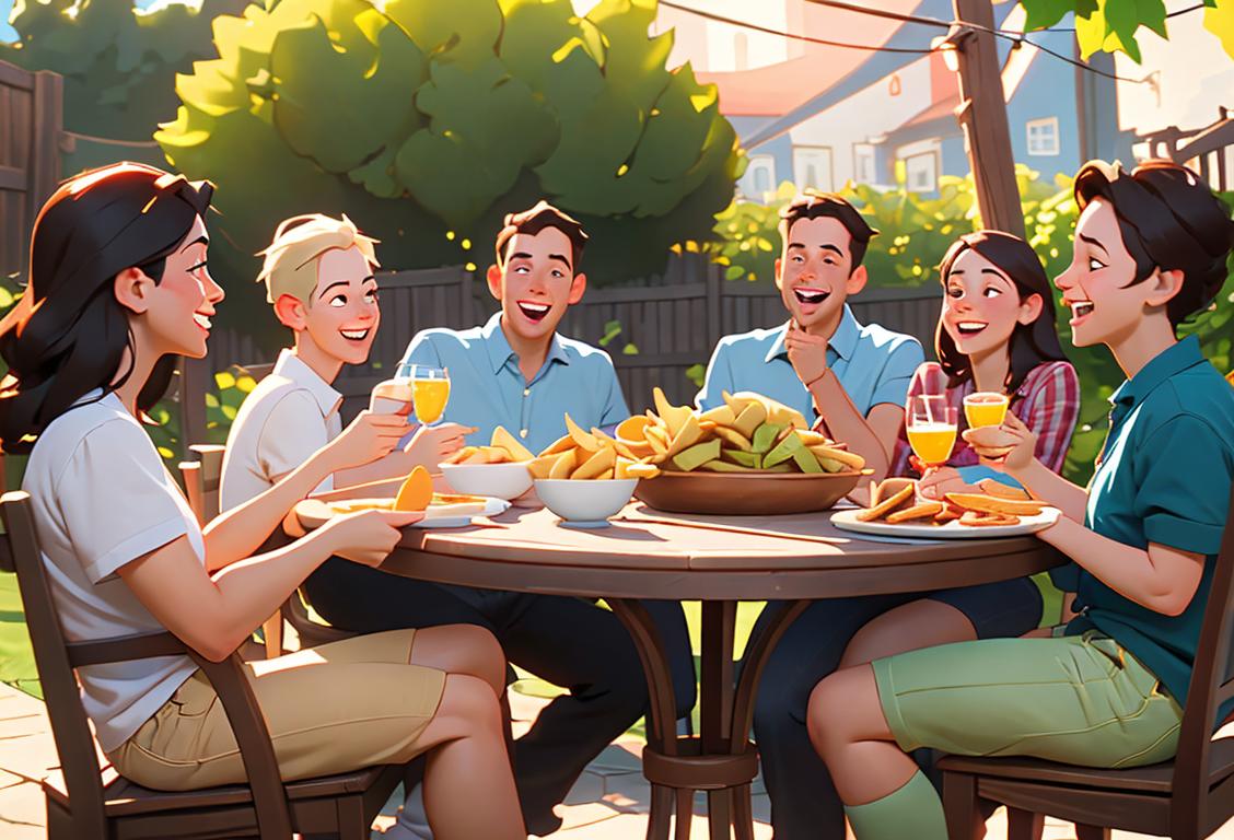Group of friends gathered around a table with an assortment of chips and dips, laughing and having a great time. Casual clothing, backyard party setting..