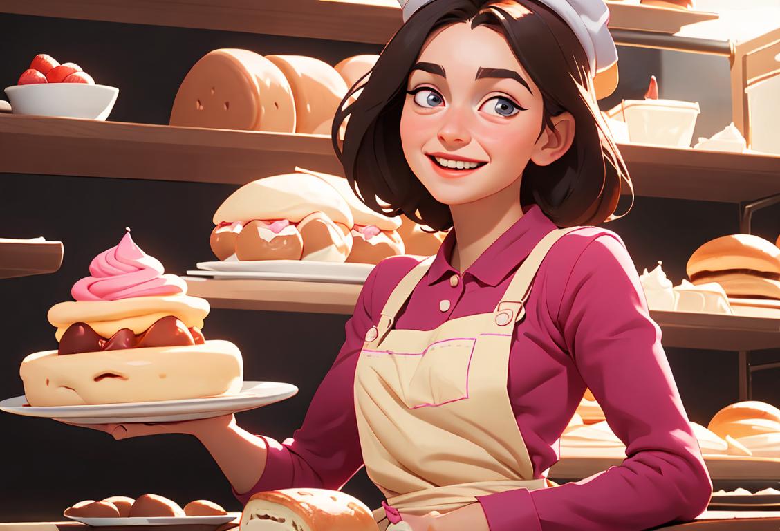 A joyful young girl indulging in a colorful dessert, wearing a cute apron with a chef's hat, surrounded by an enchanting bakery scene..