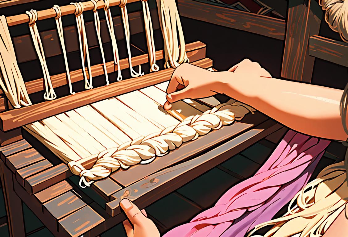A skilled weaver sitting at a wooden hand loom, delicately creating a beautiful textile masterpiece. The loom is adorned with colorful yarns and surrounded by a cozy, rustic workshop..