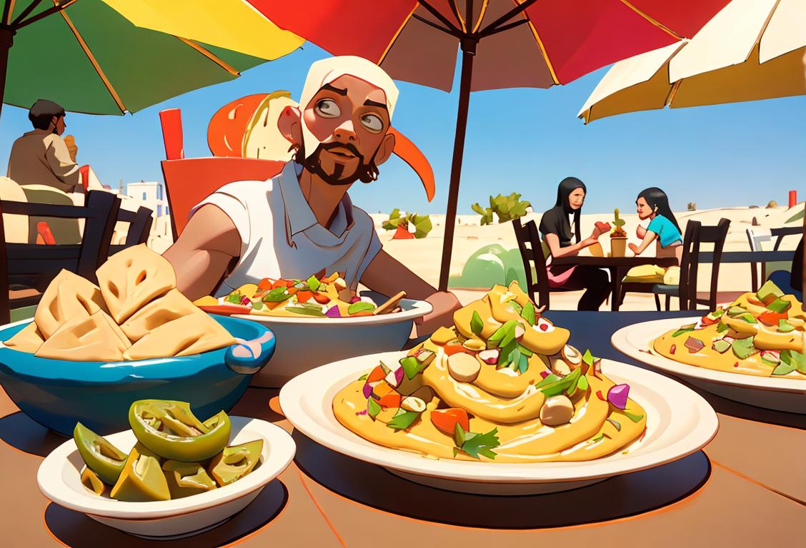 Happy individuals enjoying a variety of flavorful and creative dips on pita bread, showcasing the diverse alternatives to hummus in a lively and colorful setting..