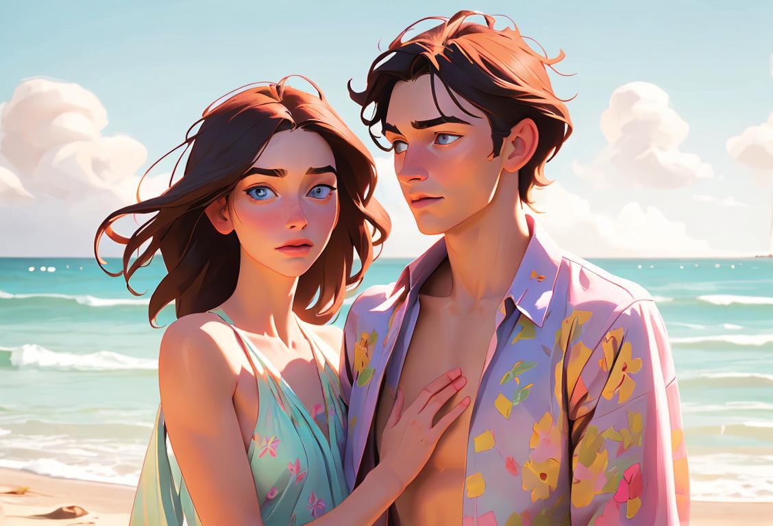 Young man and woman embracing the outdoors, wearing flowy clothes, bohemian fashion, beach setting..