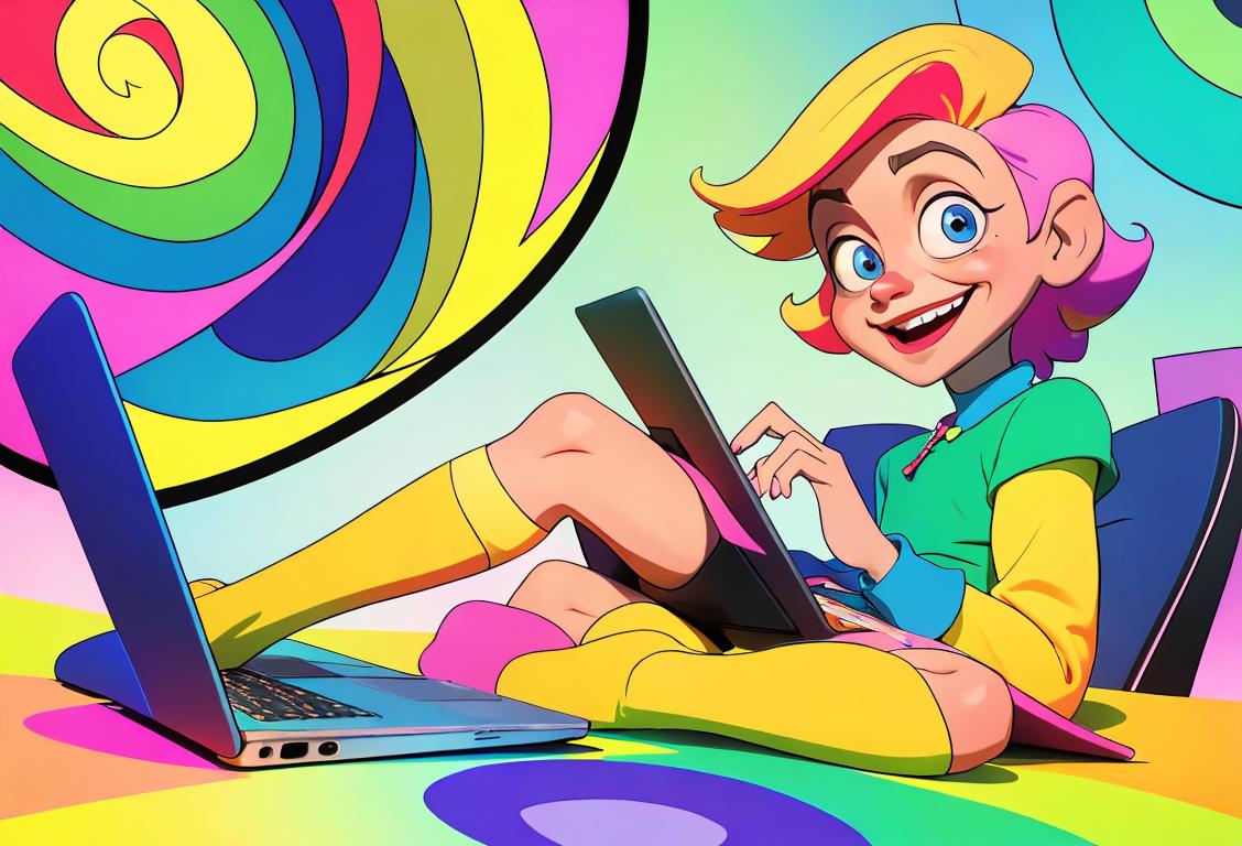 A person wearing colorful socks with a sore, yet happy expression, sitting next to a laptop in a vibrant office setting..
