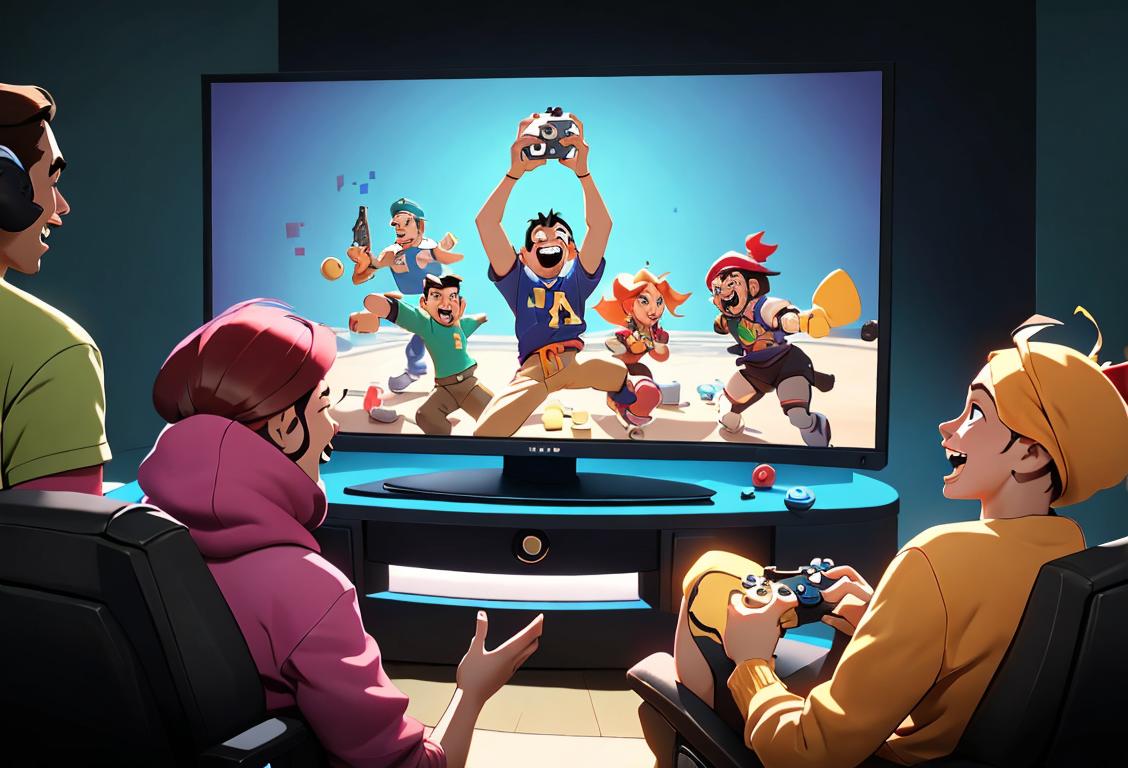 A diverse group of people gathered around a large screen, laughing and cheering while playing video games together. They are wearing casual, comfortable clothing, and the gaming setup includes a mix of old and new consoles..