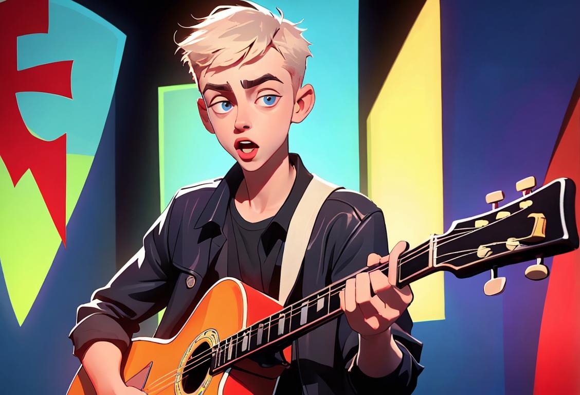 Young man singing and playing guitar, wearing trendy clothes, colorful urban street scene..