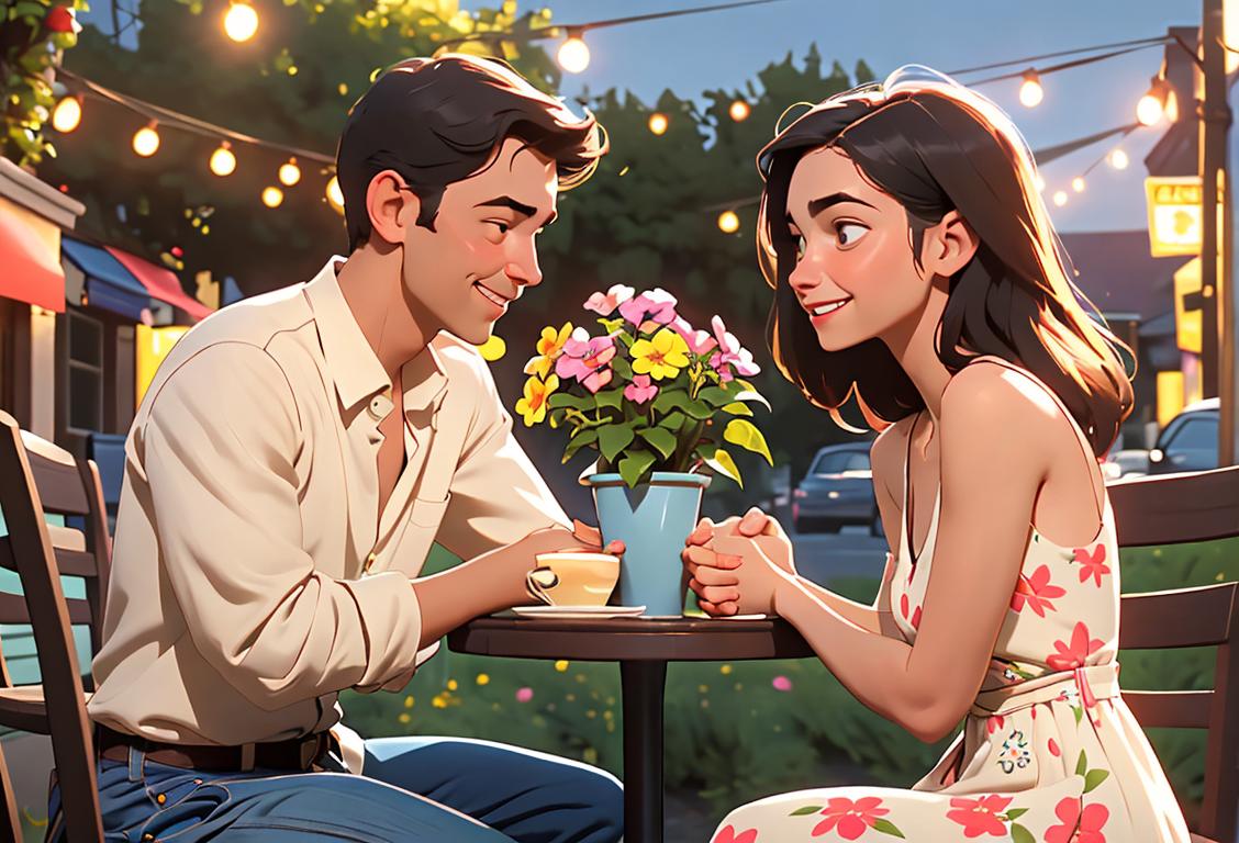 A young couple sitting at a cafe, smiling and nervously holding hands. The woman is wearing a floral sundress, while the man is wearing a casual button-down shirt and jeans. The background features a cozy and romantic outdoor setting with string lights and potted flowers..