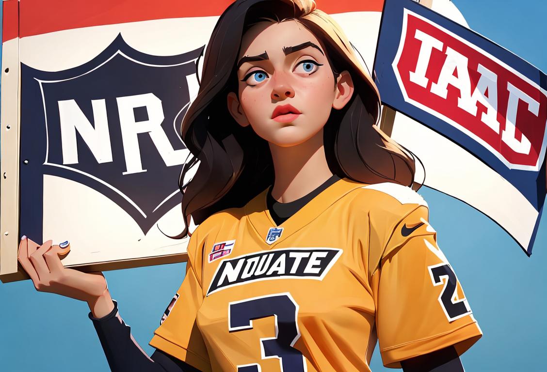 Young woman wearing a team jersey, holding a sign that says 'Boycott NFL', surrounded by passionate fans of diverse backgrounds..