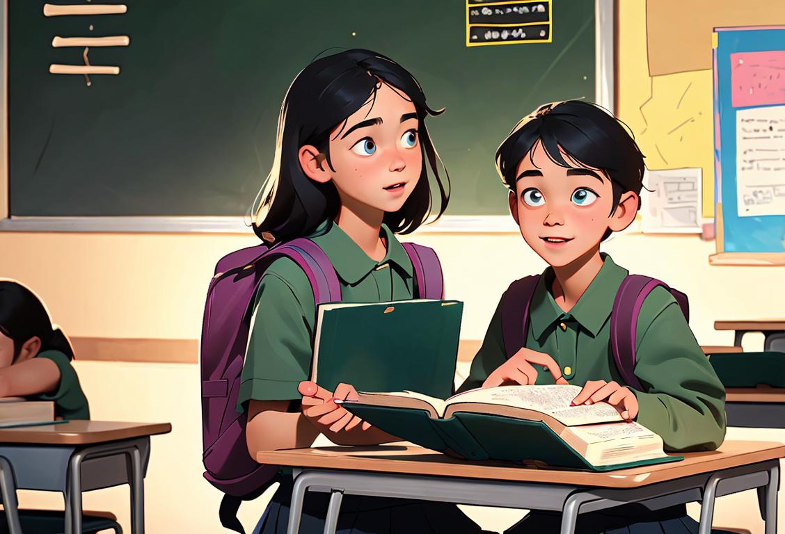 Young students happily sharing a big Bible, wearing backpacks, school uniforms, classroom setting with colorful decorations..