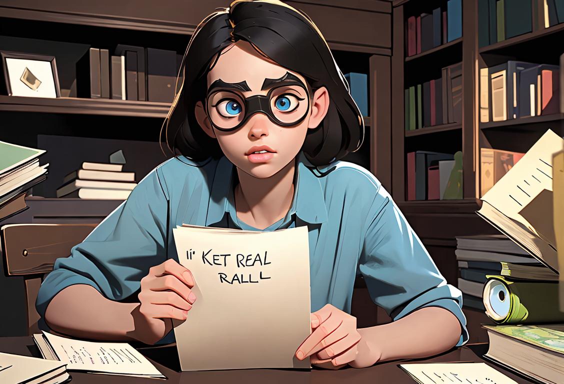 Young person with truth goggles on, surrounded by books, wearing a shirt with 'Keep It Real' written on it, library setting..