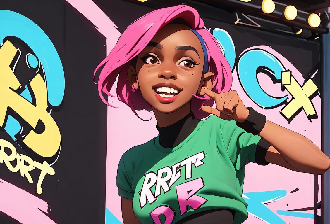 Smiling young woman wearing urban streetwear, dancing to a groovy beat with graffiti in the background, celebrating National Krept and Konan Day!.