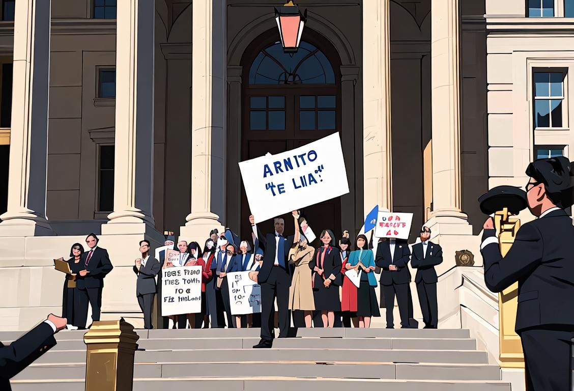 A group of diverse individuals holding signs and banners, dressed in formal attire, demanding action, outside a government building..
