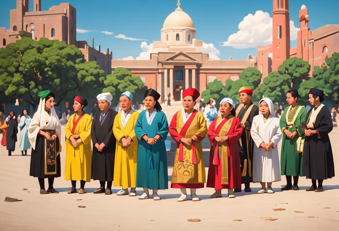 Diverse group of people from different ethnic backgrounds, wearing traditional clothing, surrounded by various cultural symbols and landmarks..