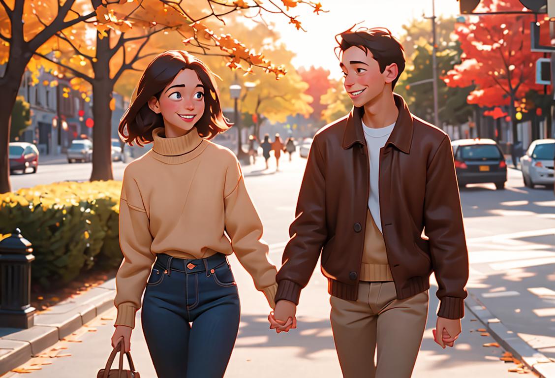 A young couple holding hands, smiling and walking in a picturesque park, both wearing matching cozy sweaters and autumn fashion..