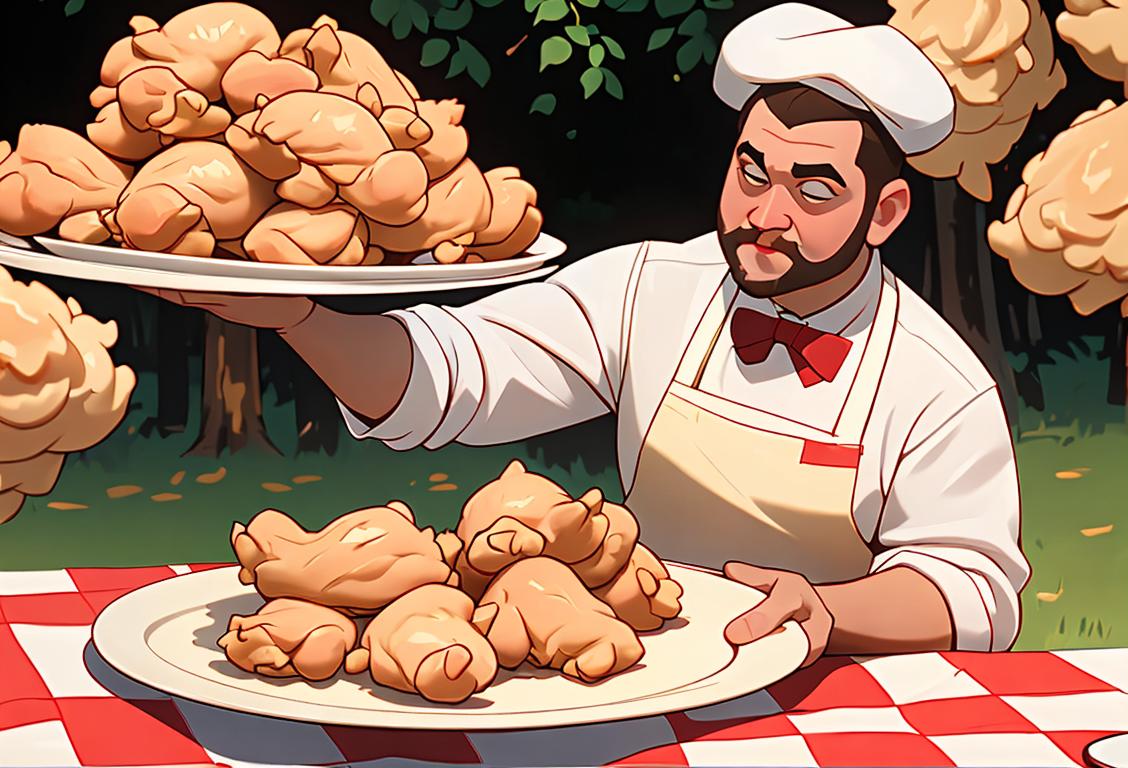 Chef wearing a white apron, holding a tray of golden fried chicken, surrounded by a picnic setting with red and white checkered tablecloth..