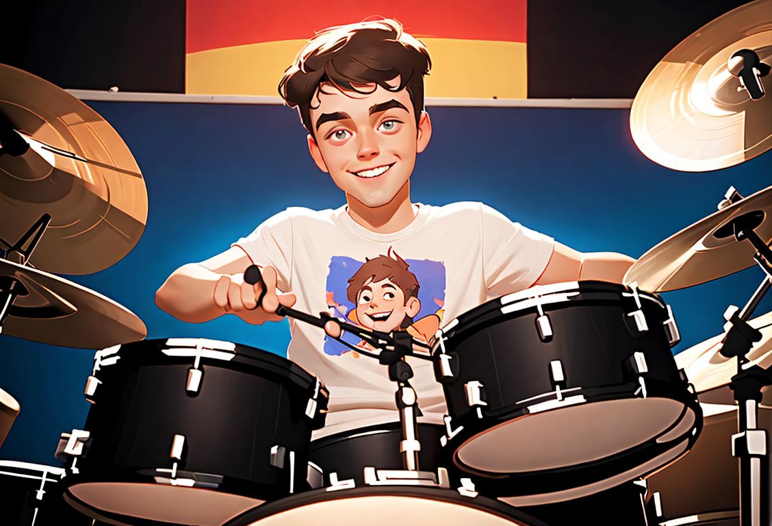 Young adult drummer smiling, wearing band t-shirt, surrounded by drum kit, music studio backdrop..