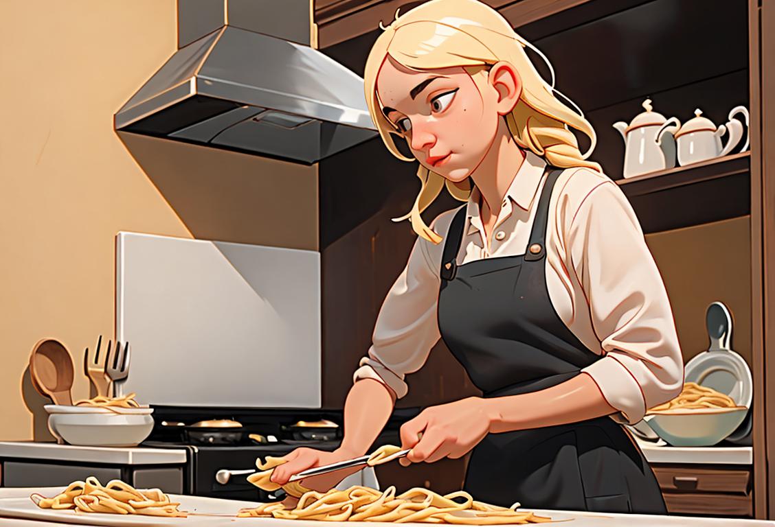 Young woman cooking carbonara pasta in a quaint Italian kitchen, wearing a white apron, rustic kitchenware, Italian countryside backdrop..