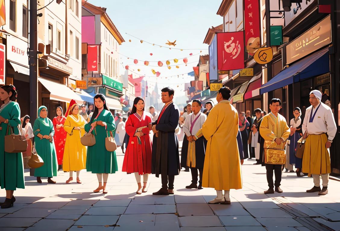 A diverse group of people from different cultures and backgrounds, wearing traditional clothing, in a bustling city setting..