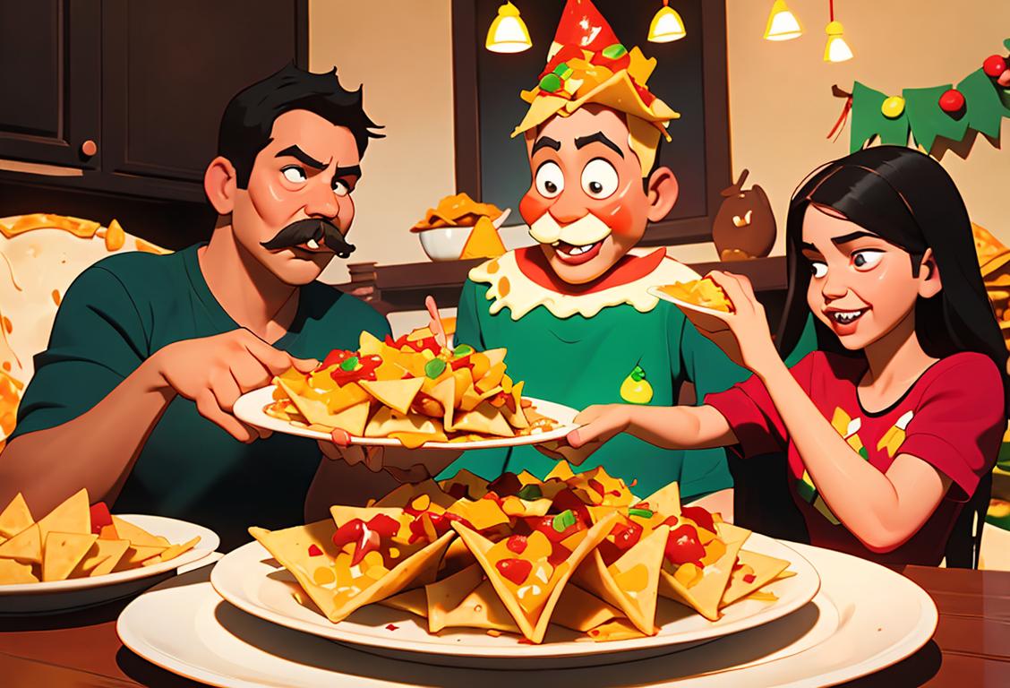 A family gathered around a plate of crispy, cheesy nachos, wearing fun and festive Mexican-inspired attire, enjoying a fiesta atmosphere at home..